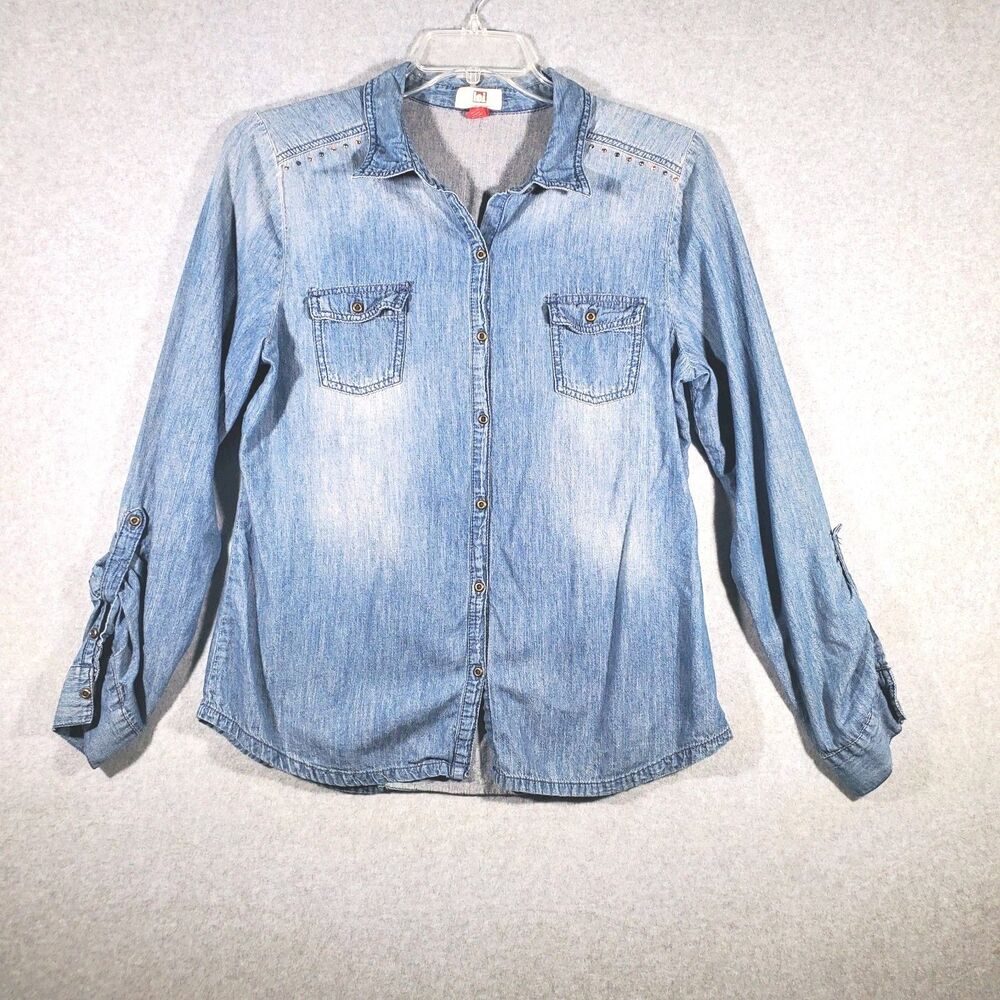 l.e.i. Womens Denim Button Up Shirt Studded Shoulders Long Sleeve Size Jr XL